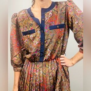 Vintage Paisley Collared Midi Dress – Vibrant Multicolor – Union Made – Size 12